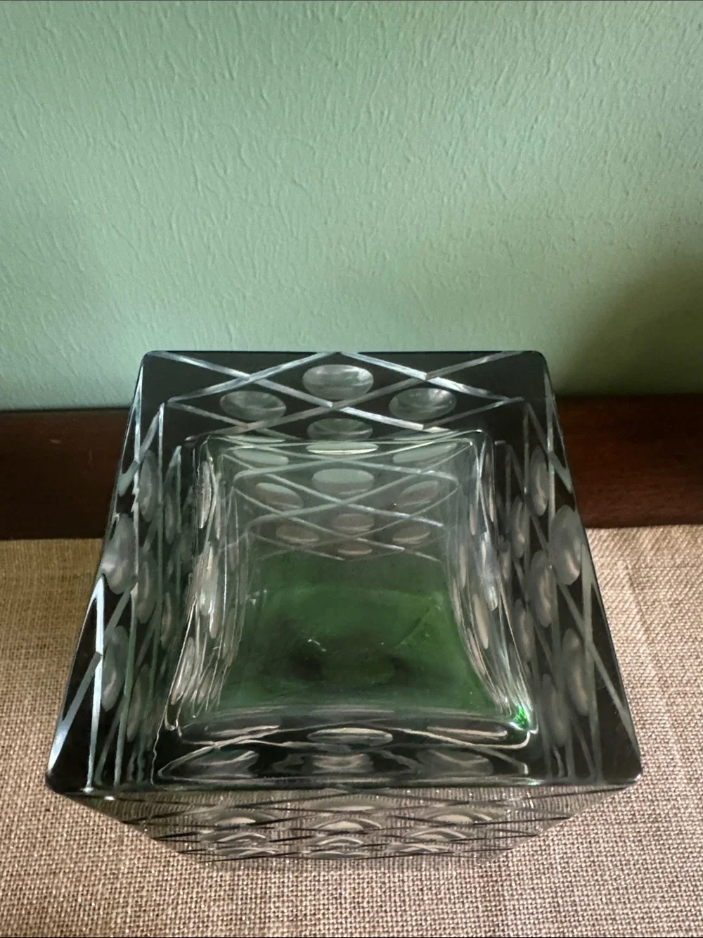 World Market Green Cut Glass Decanter Square Stopper MCM Style Barware”